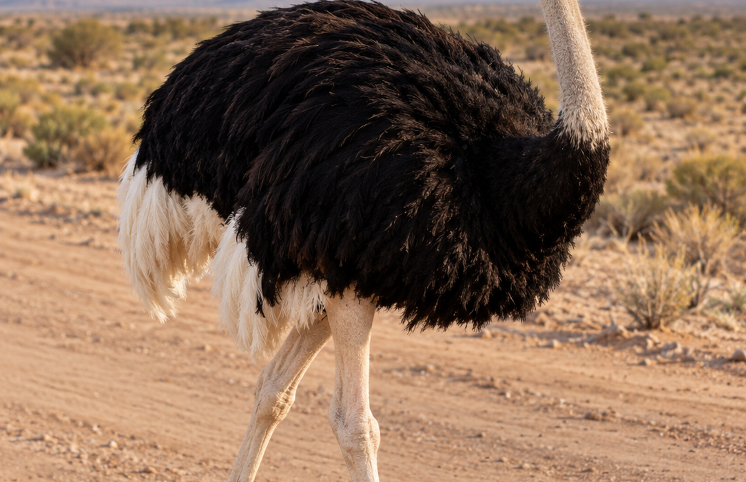 Full-body ostrich standing in the desert